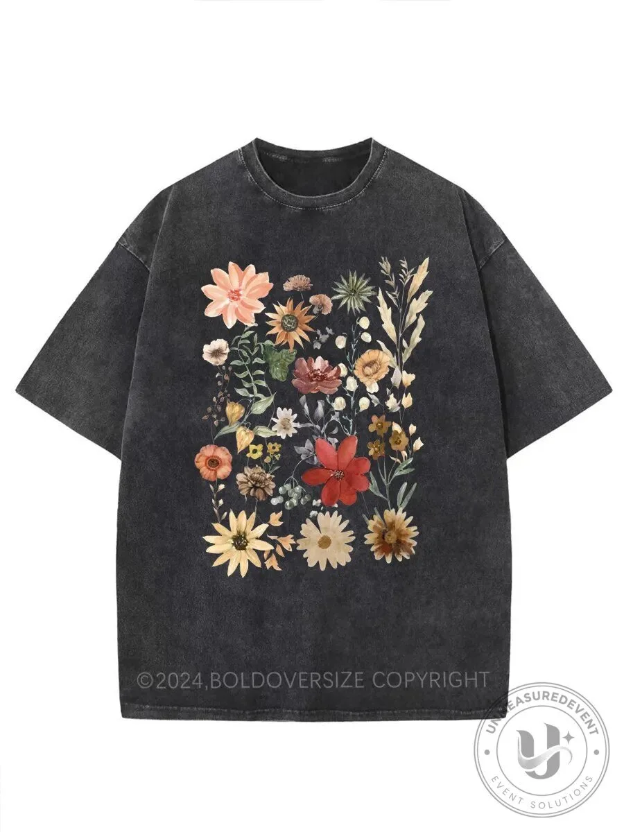 Vintage Dried Wildflower Meadow Washed Black Oversized T-Shirt