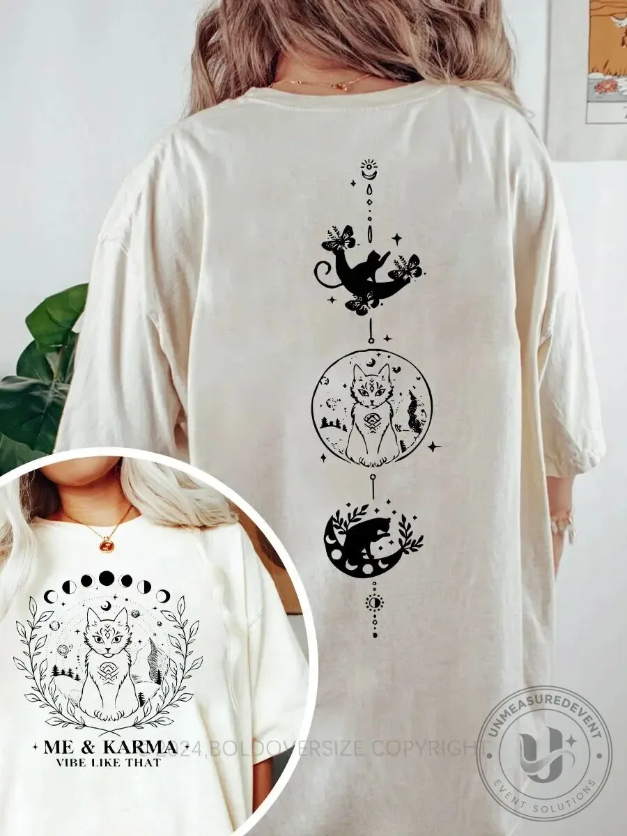 Celestial Cat Moon Phases Mystical Feline Graphic T-Shirt