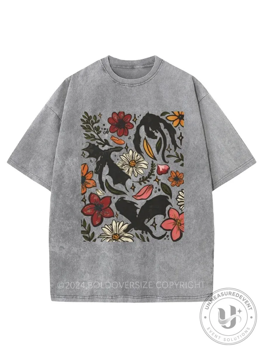 Vintage Booktok Dragon Floral Washed T-Shirt